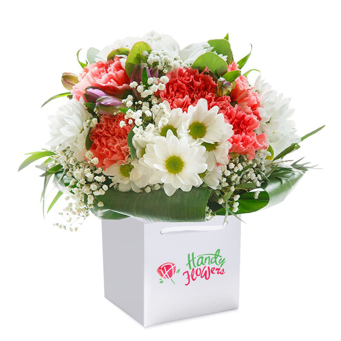 Radiating freshness and care, this exquisite bouquet is presented upright in a crisp, contemporary white gift bag-reflecting the refined taste of Stanmore's community. Soft coral and peach carnations, their signature ruffled petals brimming with vitality, share space with deeper red carnations, creating a pleasing harmony of hues. Sparkling white daisy-like flowers with chartreuse-yellow centers are scattered throughout, their cheerful tones reminiscent of the open spaces at Bernays Gardens. Intermingled are delicate sprigs of white baby's breath for texture and lightness, while clusters of unopened purple-edged buds to the side add subtle intrigue. The entire floral ensemble is embraced by a generous wrap of glossy, deep green foliage, evoking the elegance of Stanmore's leafy avenues. Arranged in a perfectly rounded shape, the bouquet sits comfortably within the white square bag, with ribbon handles tailored for convenient hand delivery across the area. Against a spotless background, every colour and detail is illuminated, showcasing expert craftsmanship ideal for birthdays, congratulatory events, or simply sending a heartfelt surprise throughout Stanmore.