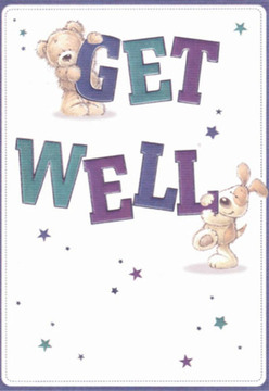 The quiet comfort of Stanmore radiates from this delightful get well card, illustrated with a tactile warmth that feels instantly soothing. A cuddly bear, its fur rendered in creamy strokes, embraces the top of the joyful 'GET,' while an animated puppy cozies up to the solid 'WELL'-both figures drawn with a playfulness echoing laughter from the parks and gardens of Stanmore. Their expressive faces and rounded shapes evoke pure affection and hope, resonating with the nurturing spirit both florists and neighbours across Stanmore share. Deep purple and teal hues give the bold message a sense of gentle vibrancy, set against a bright background that calls to mind fresh sunlight pouring through a window on Merrion Avenue. Star motifs, scattered lightly around the image, contribute a sprinkling of hopefulness, each shining as if over the rooftops or family gardens of Stanmore's peaceful neighborhoods. As a florist who delights in assembling bouquets for loved ones in recovery, I recognize the same thoughtful care infused into every detail here. The card's combination of innocence and warmth forms an emotional salve-perfect for sending a surge of comfort to friends or family recuperating in Stanmore or the wider Harrow area.